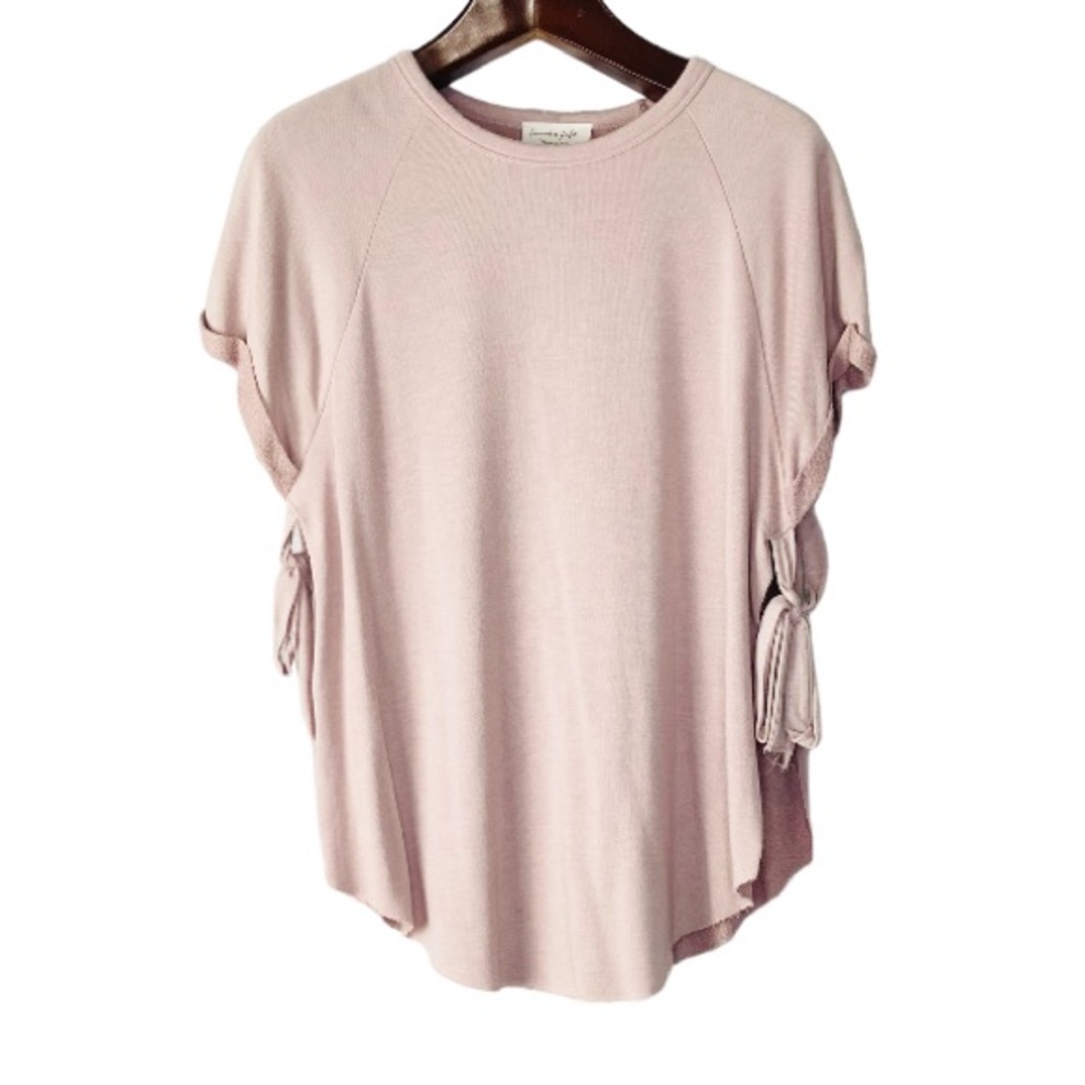 Lavender Field pink short sleeve terry cloth top with tie up open sides medium